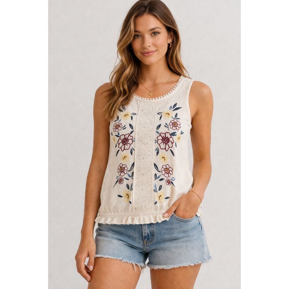 Live 10 Be Spoiled Embroidered Floral Tank Top Boho XS Cream